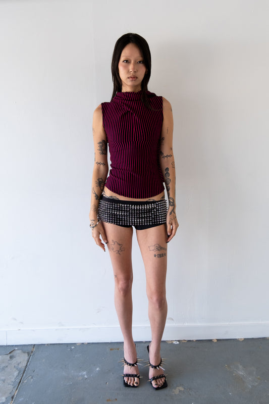 RIBBON TOP IN BLACK & PINK STRIPE