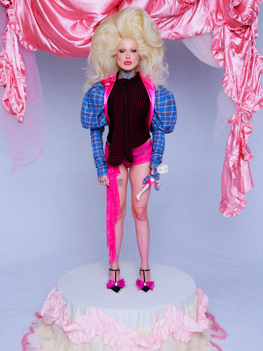 RIBBON TOP IN BLACK & PINK STRIPE